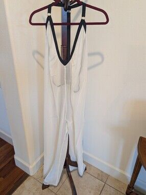 NOE White Sheer Silk Lingerie Jumpsuit with Black Trim, V-Neck, Size 3/4